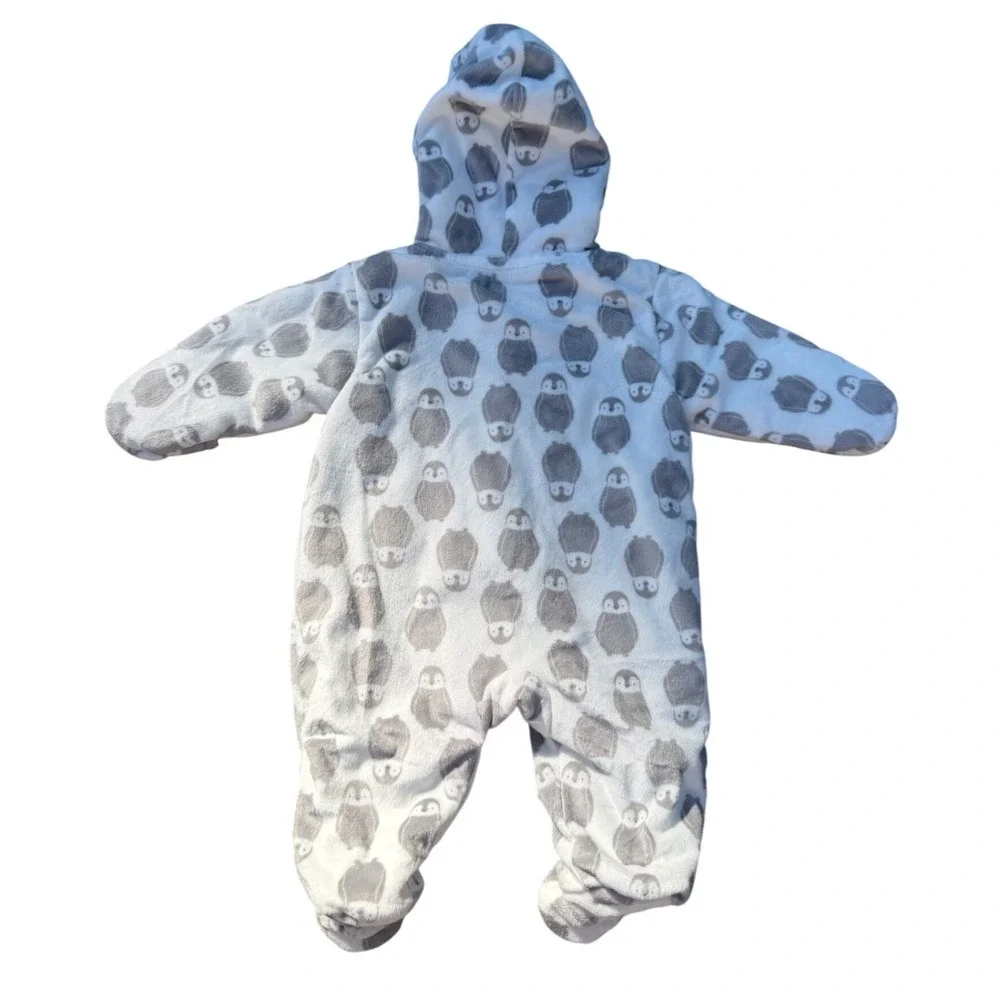 Carters Baby 3M Penguin Fleece Pram Suit Hooded Bunting White Gray Footed Romper